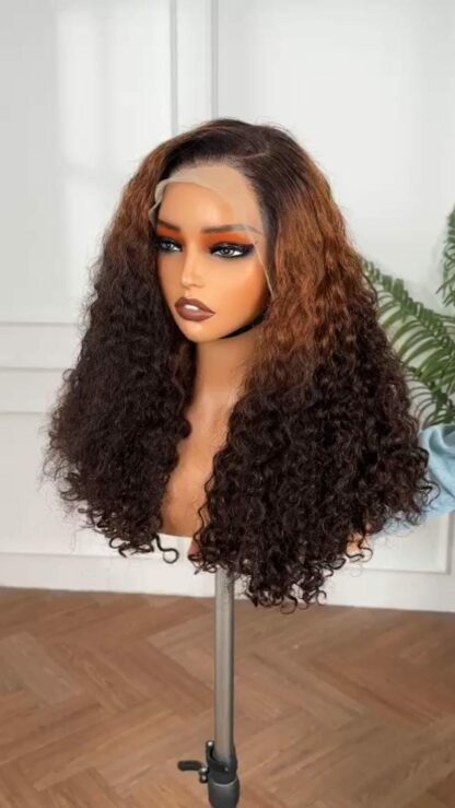 ⭐OMBRE BROWN CURLY HUMAN HAIR WIG WITH LIGHT BROWN ROOT'S .⭐