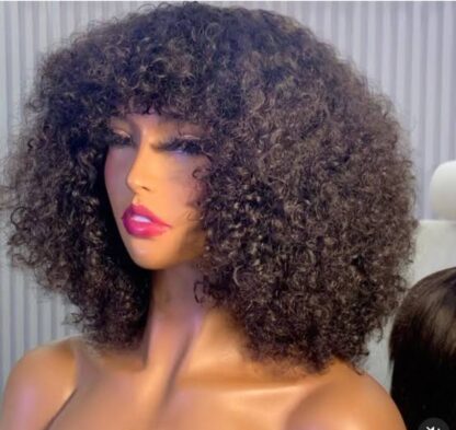 Perruques de cheveux humains afro crépus bouclés avec frange – Image 4