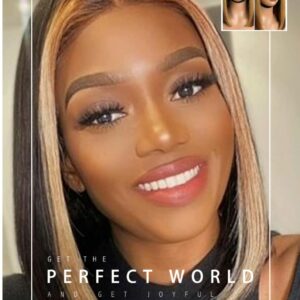 Perruque Glams brune avec reflets blonds, coupe émoussée et soyeuse