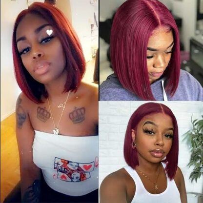 Glam's Perruque Bob courte et lisse rouge vin ombré – Image 7